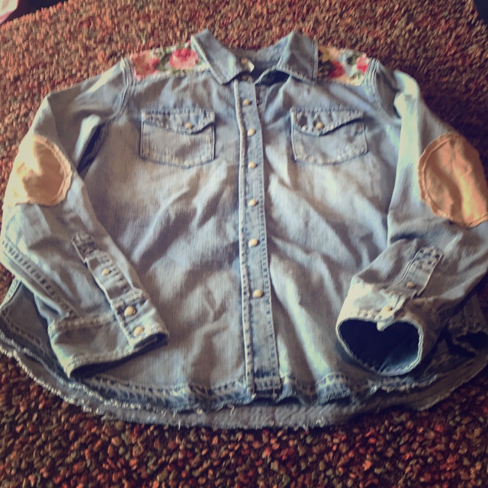 Blue jean shirt with floral patch work